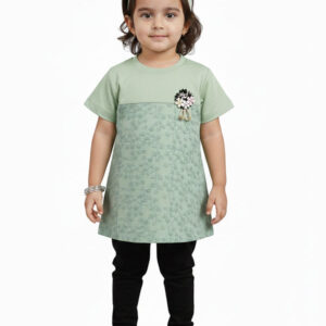 Girls' Sage Green Floral Lace Tunic – Short Sleeve Embroidered Top with 3D "Angel" Brooch Accent