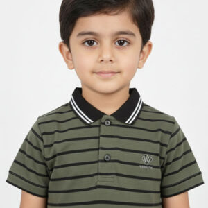 Boys' Olive Green Striped Polo Shirt – Premium Cotton Blend Short Sleeve Polo for Kids