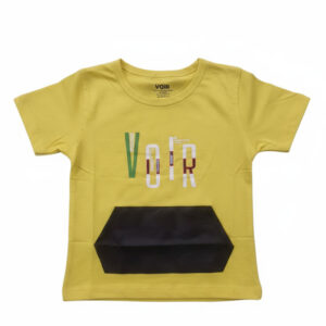 Boys' Vibrant Yellow "VOIR" Graphic T-Shirt – Urban Streetwear Tee with Contrast Kangaroo Pocket