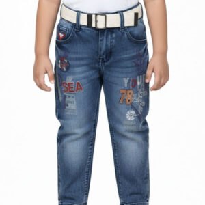 Boys' Graphic Print Slim Fit Denim Jeans – Trendy Patchwork Blue Jeans for Kids with Adjustable Canvas Belt