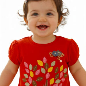 Baby Girl Red Cotton A-Line Dress – Embroidered Tree Design & Puff Sleeves