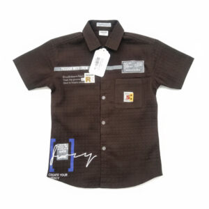 Boys' Dark Coffee Brown Urban Streetwear Graphic Button-Down: Short Sleeve Utility Top with Modern Graphics