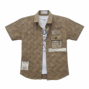 Boys' Khaki Geometric Textured Utility Shirt – Urban Streetwear Short Sleeve Button-Down with Graphic Patches